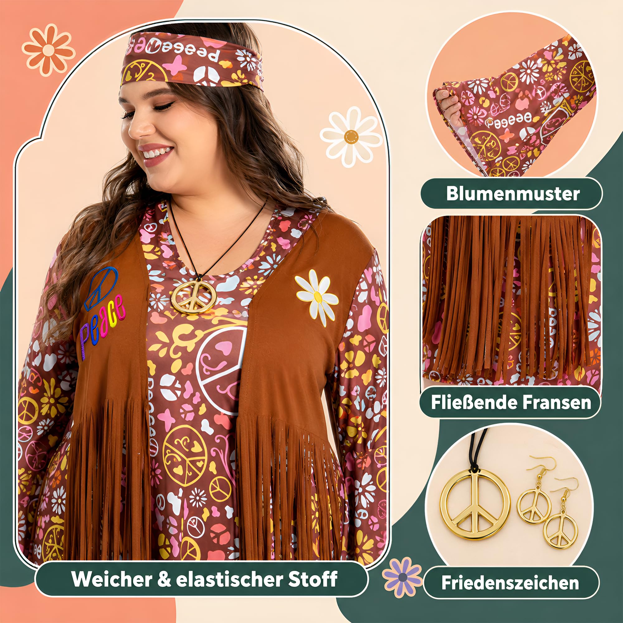 Fairycos Hippie Kostüm Damen 50-52 5-teilig 70er Jahre
