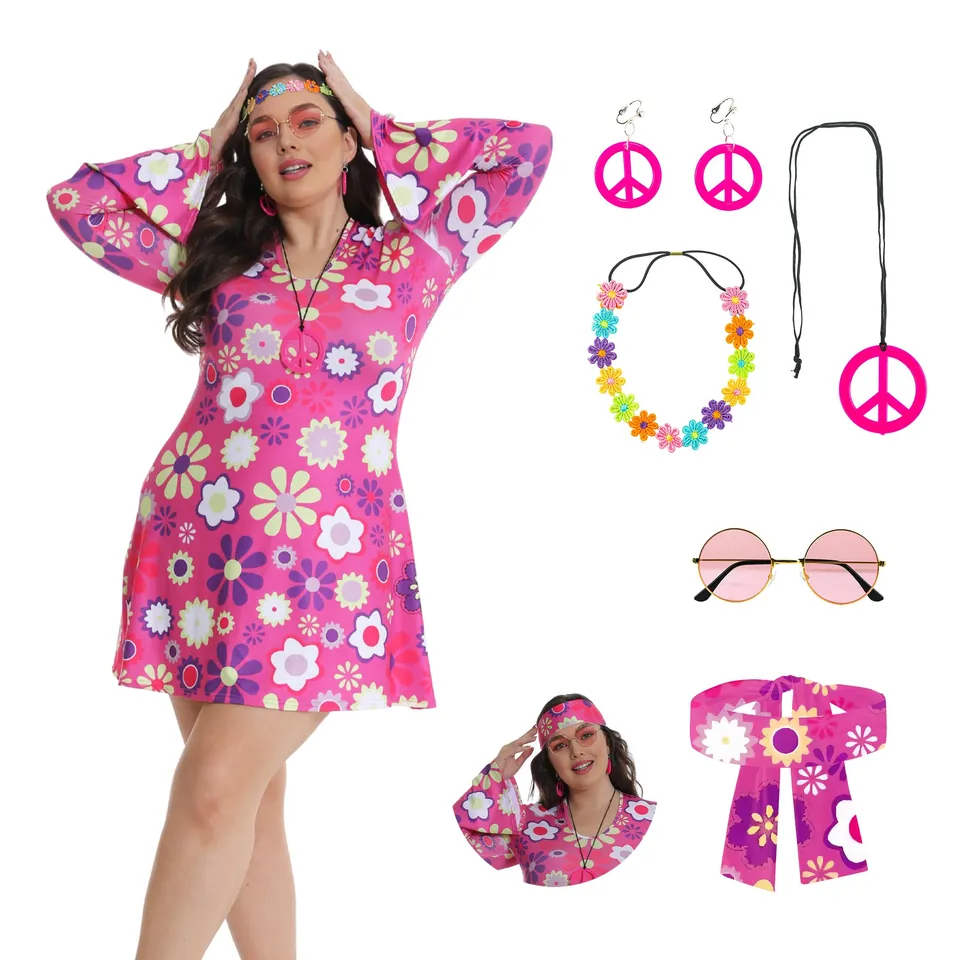 Fairycos Hippie Kleid Pink 70er Kostüm Damen 42-60