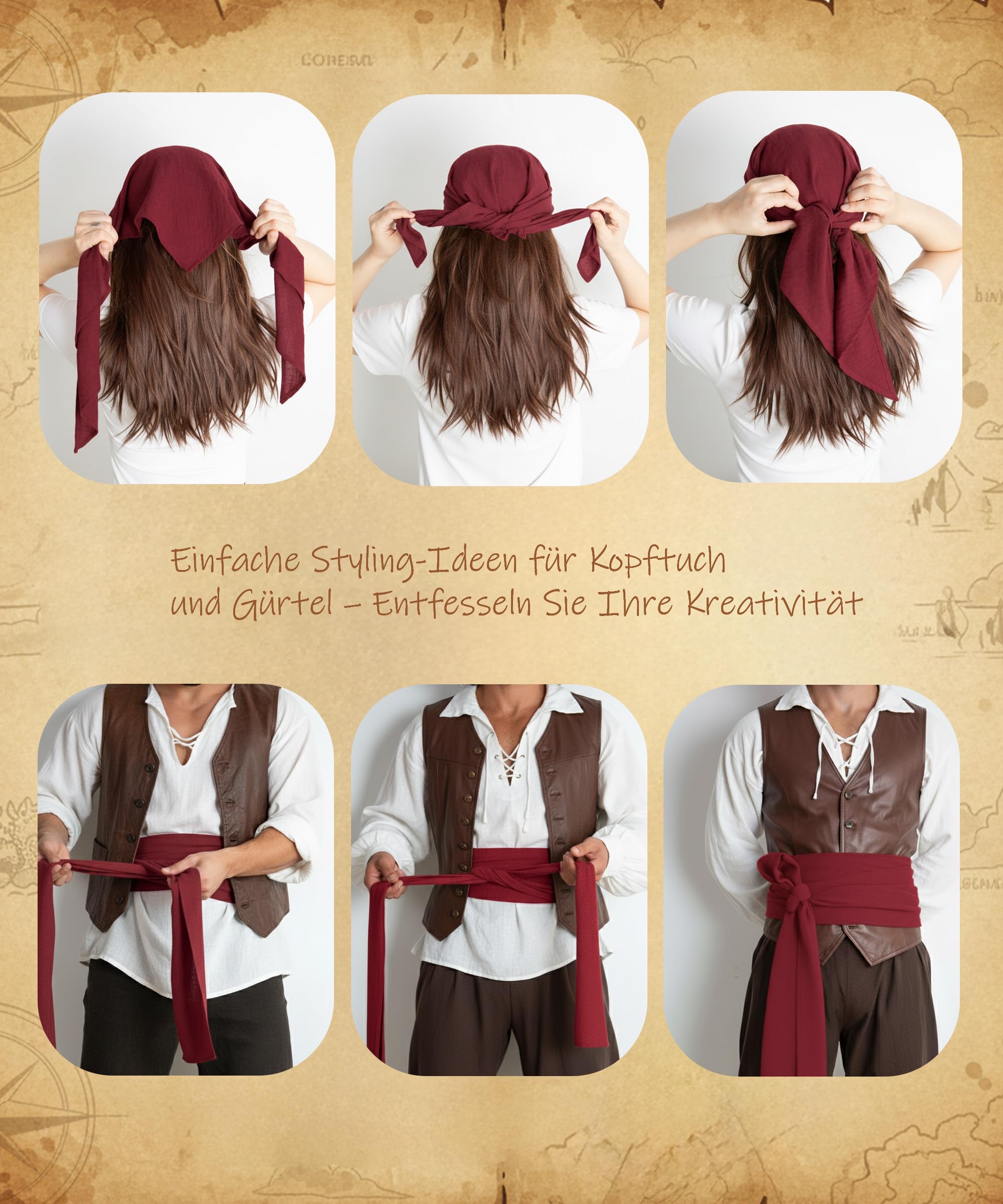 Fairycos Piraten Zubehör Set Weinrot Schärpe Gürtel