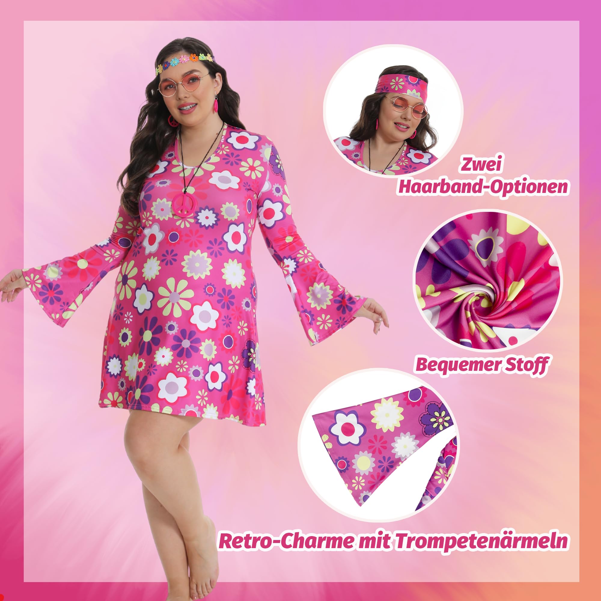 Fairycos Hippie Kleid Pink 70er Kostüm Damen 42-60