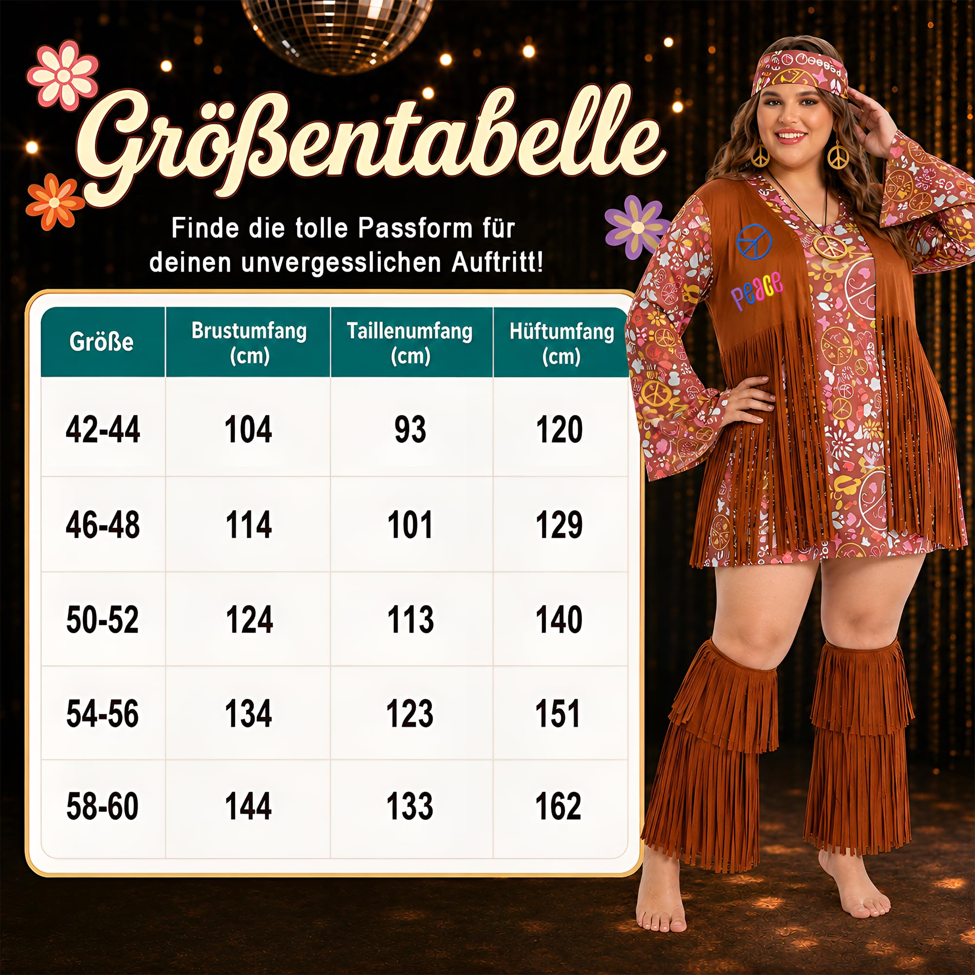 Fairycos Hippie Kostüm Damen 50-52 5-teilig 70er Jahre