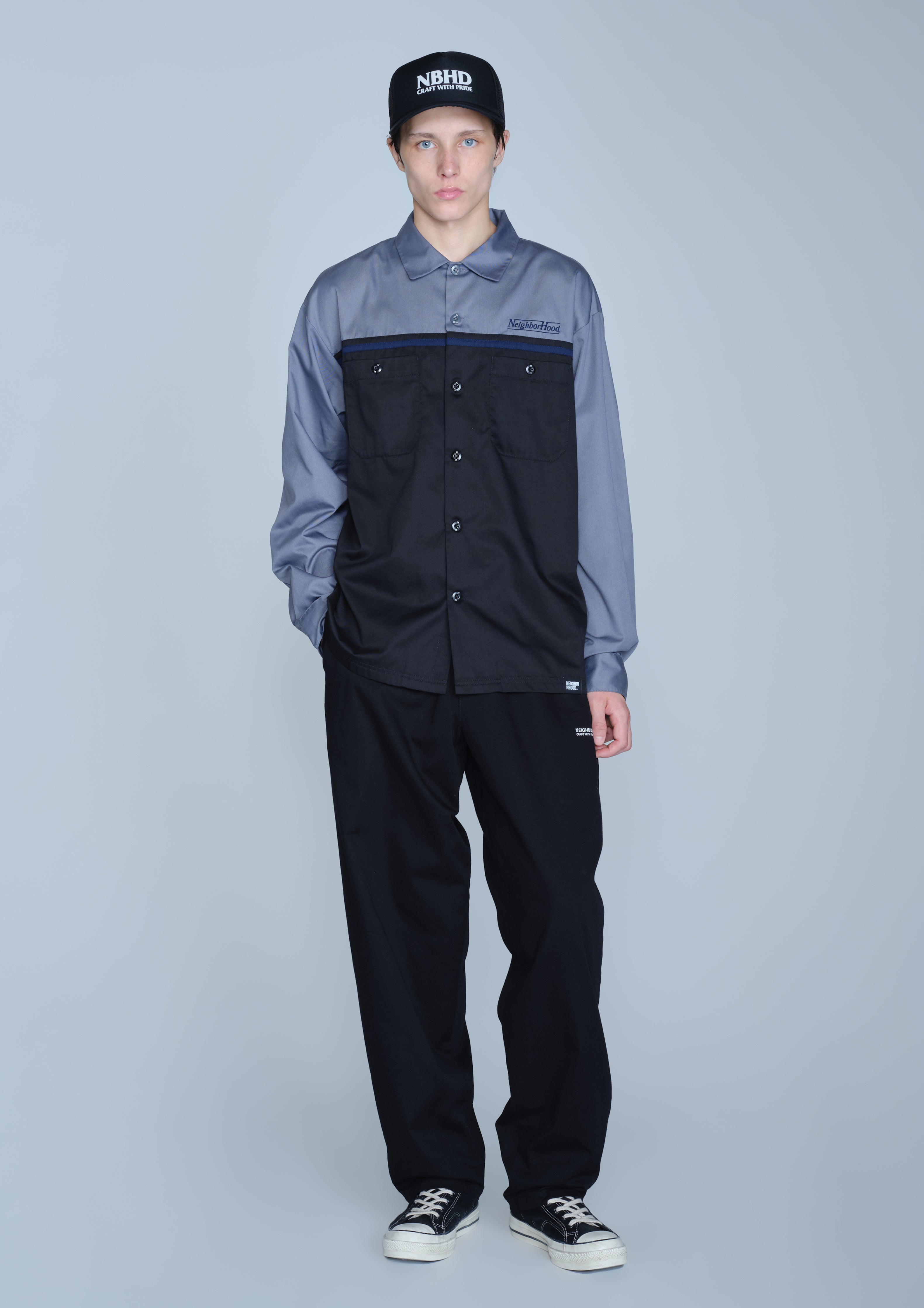 Neighborhood Bicolor Work Shirt LS Hemd Black Stickerei