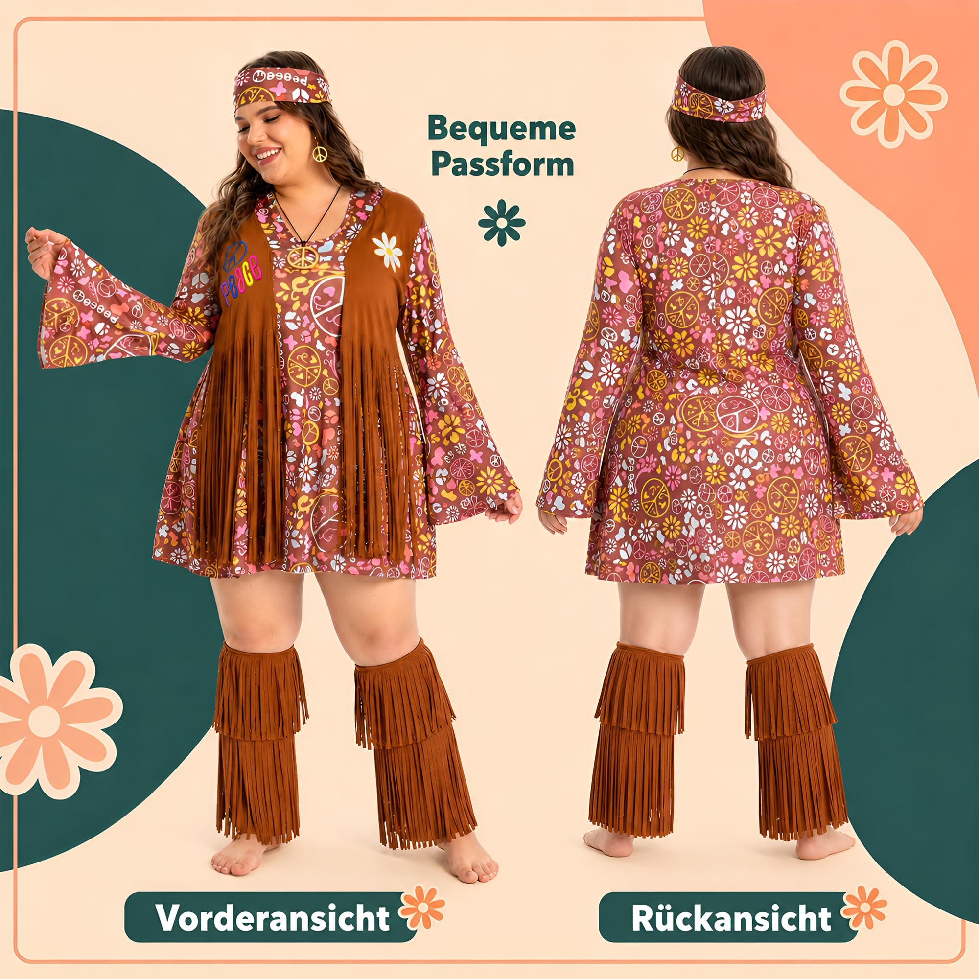 Fairycos Hippie Kostüm Damen 50-52 5-teilig 70er Jahre
