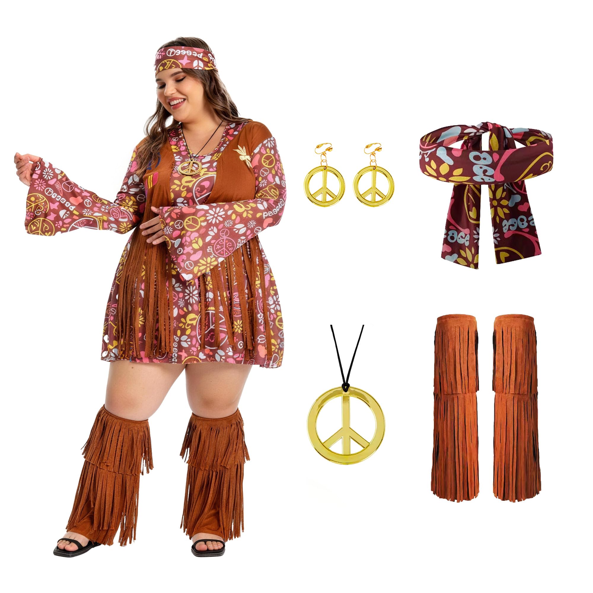Fairycos Hippie Kostüm Damen 50-52 5-teilig 70er Jahre