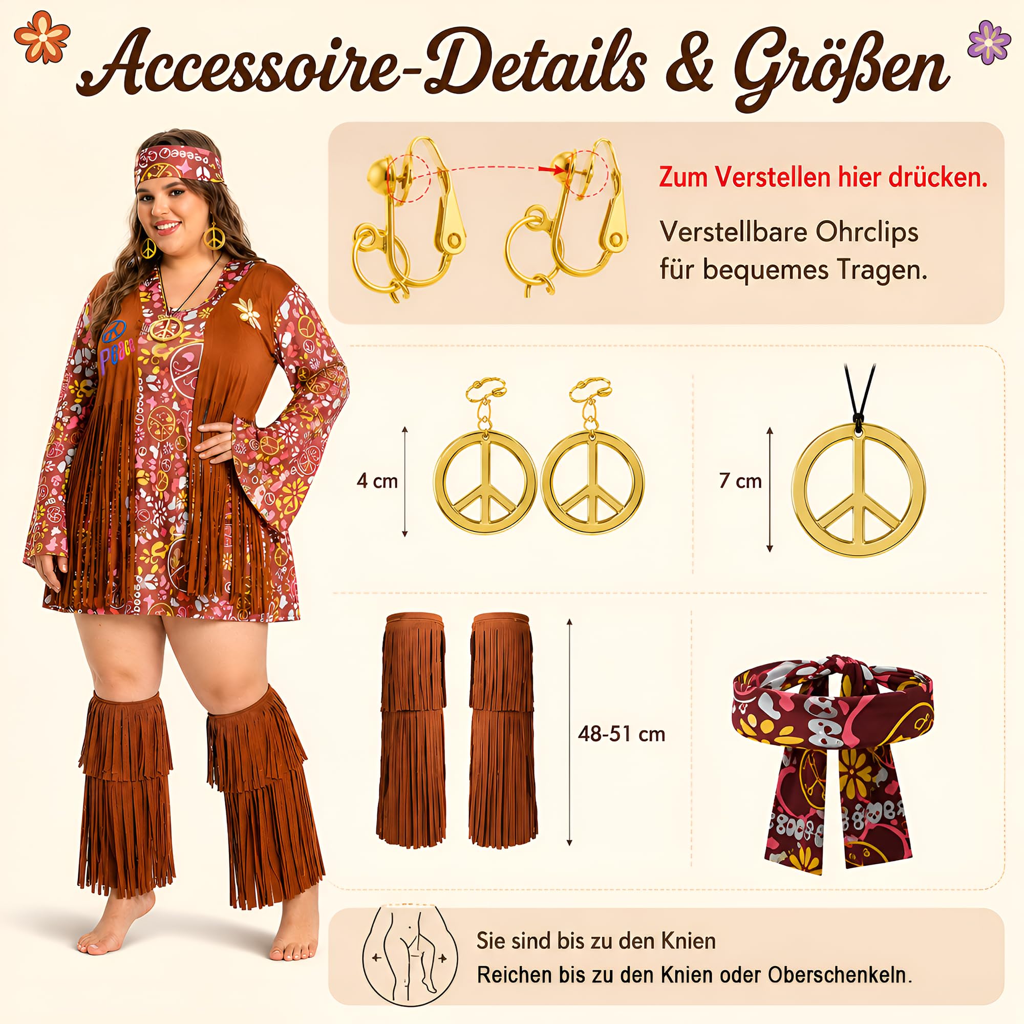 Fairycos Hippie Kostüm Damen 50-52 5-teilig 70er Jahre