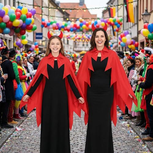 Fairycos Teufel Kostüm Damen mit Umhang und Haarreif