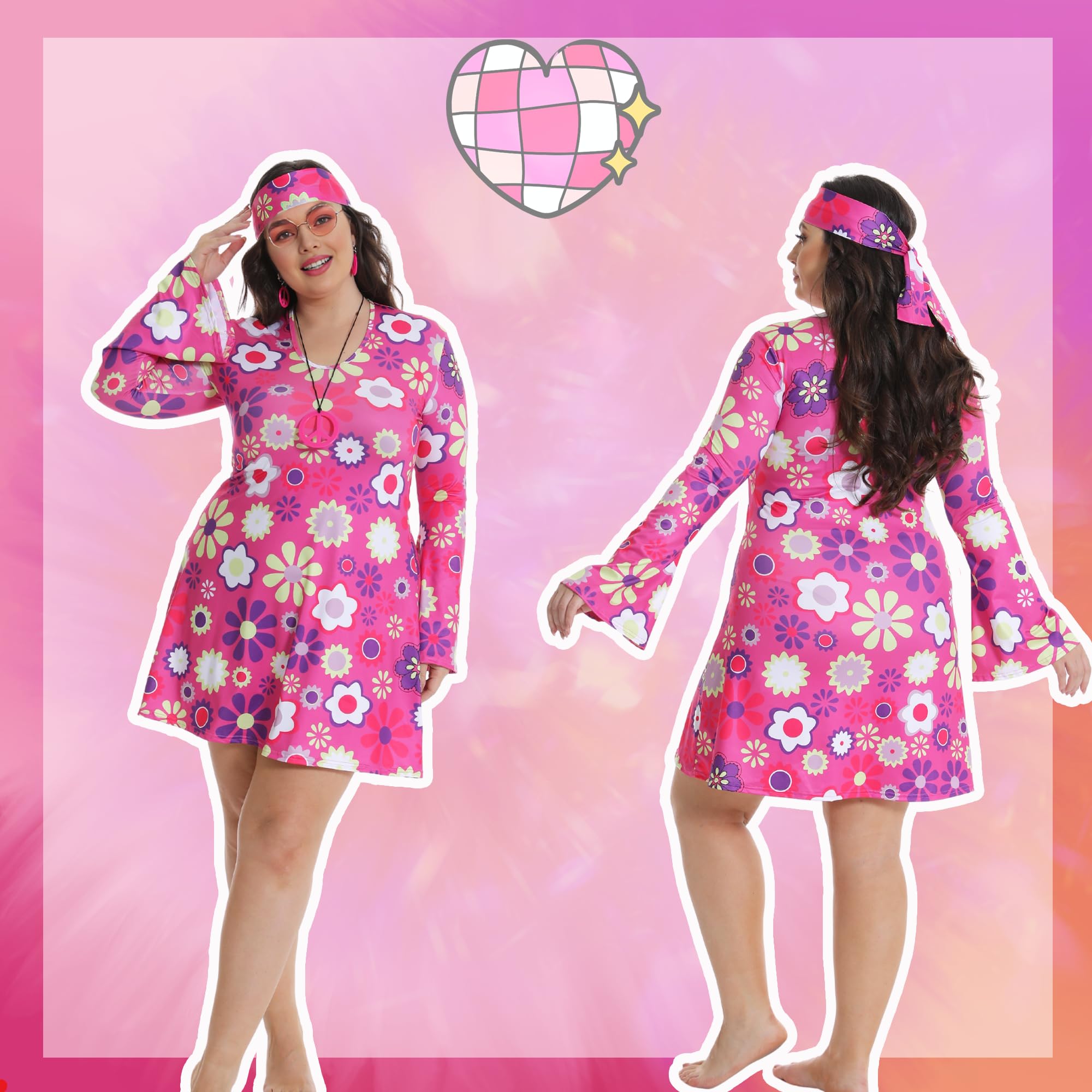 Fairycos Hippie Kleid Pink 70er Kostüm Damen 42-60