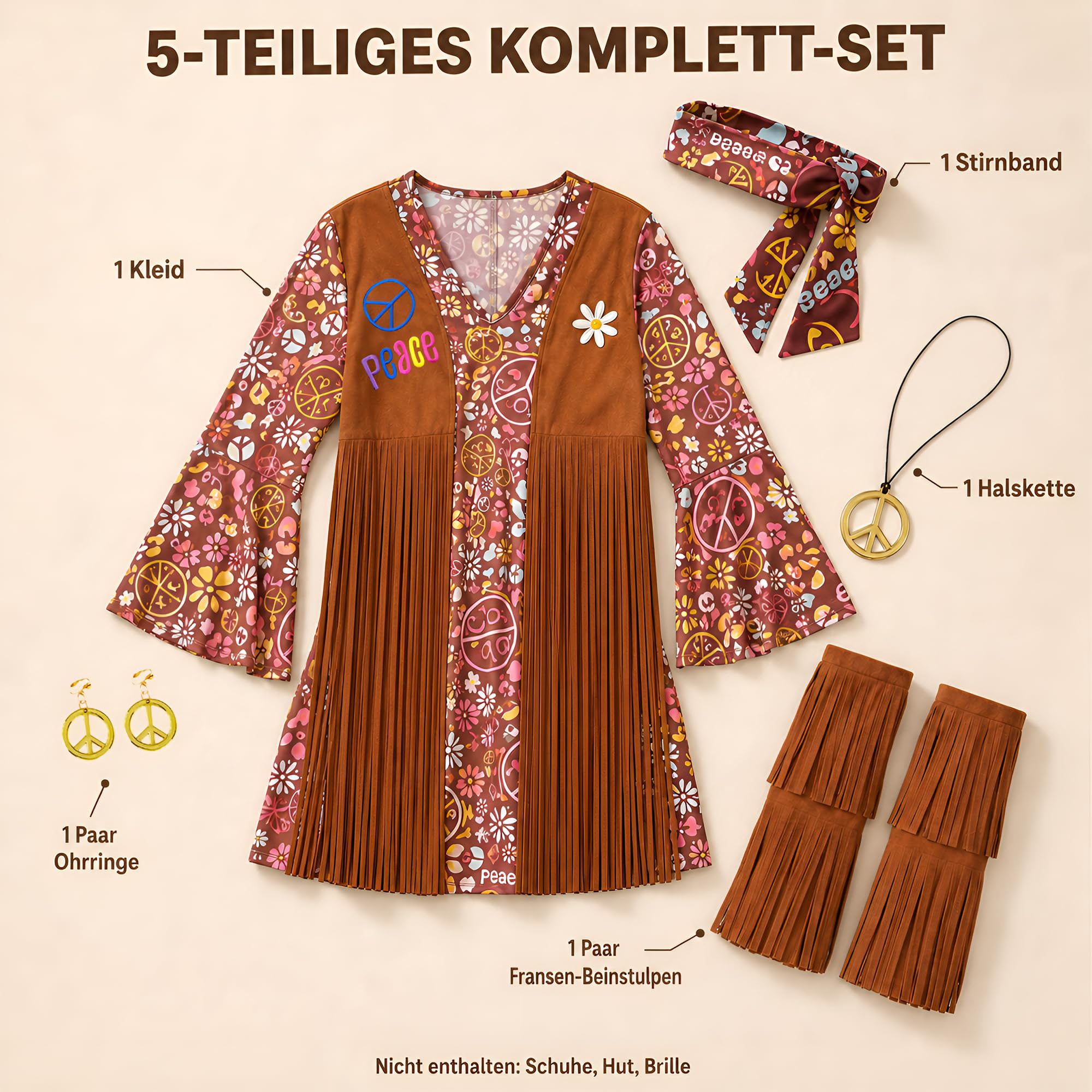 Fairycos Hippie Kostüm Damen 50-52 5-teilig 70er Jahre