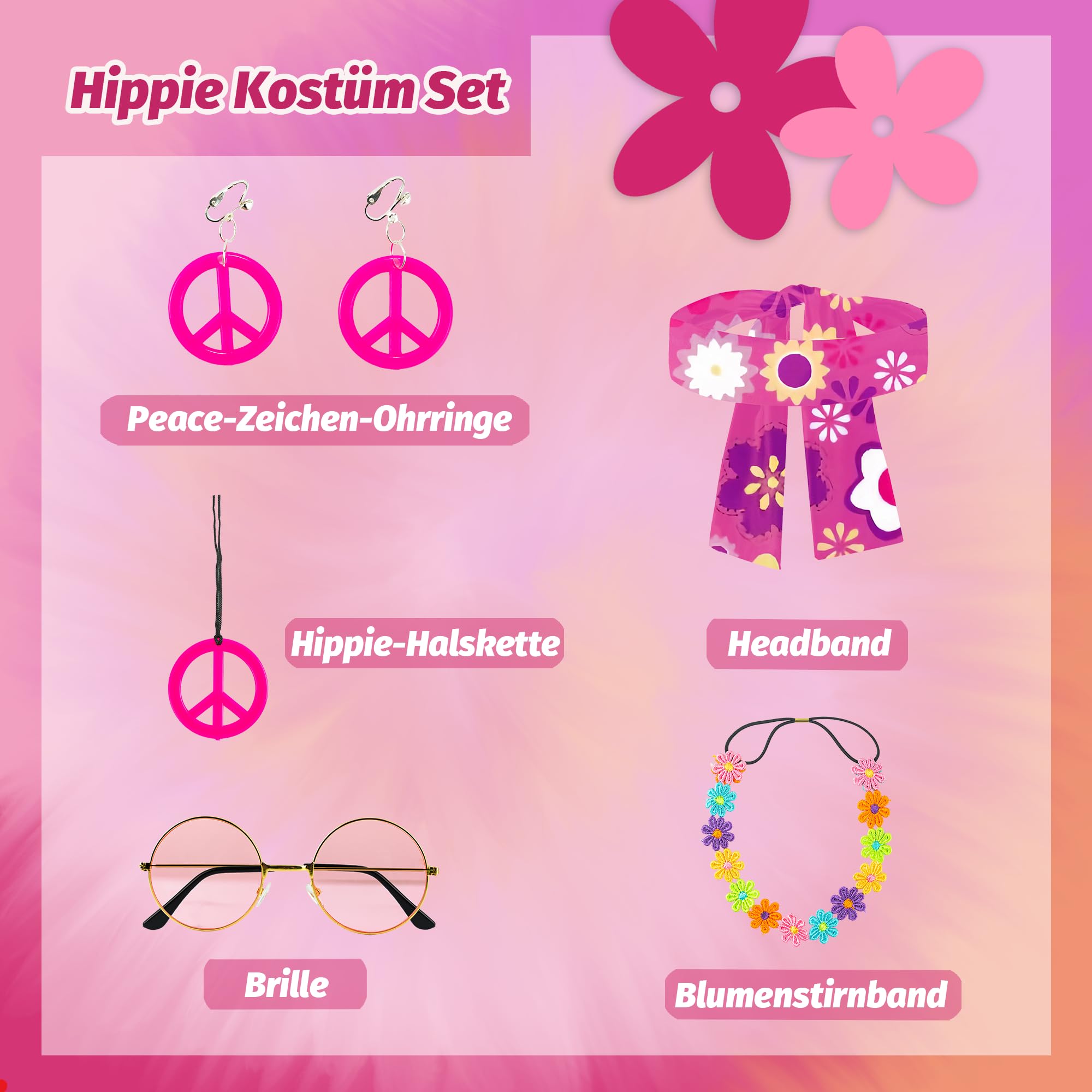 Fairycos Hippie Kleid Pink 70er Kostüm Damen 42-60