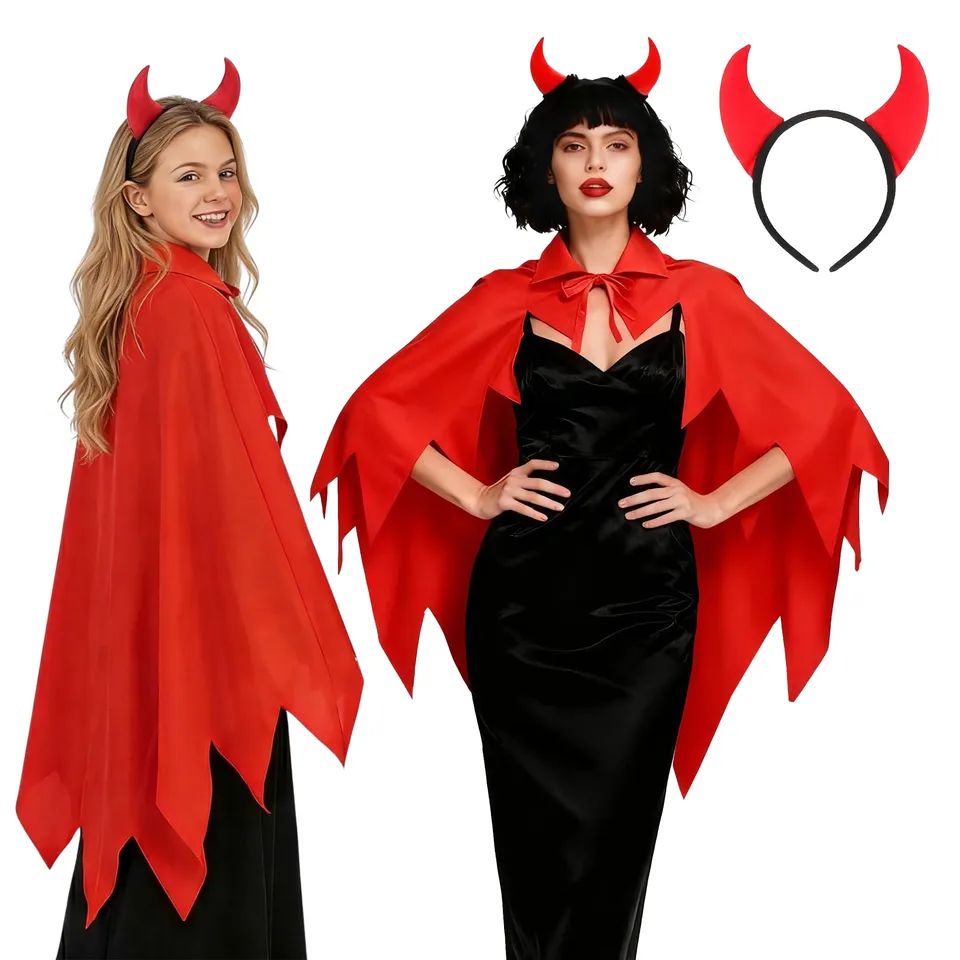 Fairycos Teufel Kostüm Damen mit Umhang und Haarreif