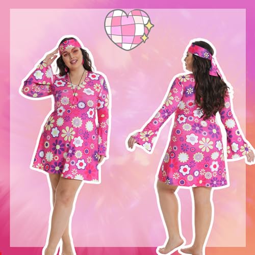 Fairycos Hippie Kleid Pink 70er Kostüm Damen 42-60