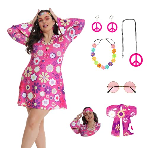 Fairycos Hippie Kleid Pink 70er Kostüm Damen 42-60
